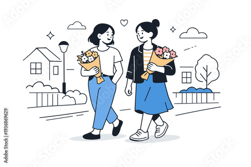 Women returning home with flowers. Two women walk along a residential street, each carrying simple bouquets wrapped in paper. Calm companionship, shared
