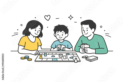 Family screen-free time. A simple editorial scene of adults and a child playing a board game at a table. The mood highlights connection, presence, and shared