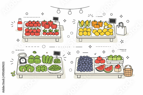 Farmers? markets and fresh produce. A minimalist overhead view of market tables with produce grouped by type and color. Visual order and abundance with