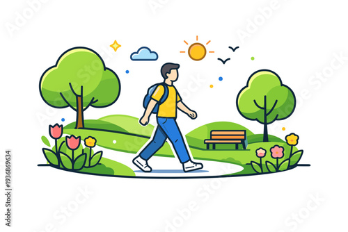 Spring park relaxation light walking moment with trees, flowers and open space, communicating balance, fresh air and positive everyday routine. Minimalist flat