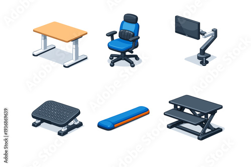 Ergonomic desk. Isometric flat vector icons set of Ergonomic desk: height adjustable desk, lumbar support chair, monitor arm mount, footrest platform, wrist
