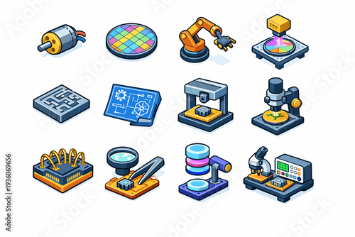 Micro Engineering. Colorful isometric vector icons set of Micro Engineering: micro motor, silicon wafer, robotic arm with chip, chip fabrication process,