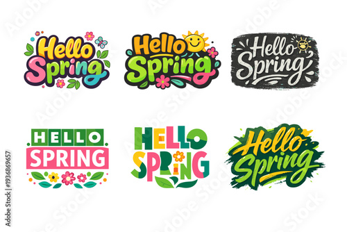 Hello Spring. Set lettering. harmonious lettering variations of the same emblematic concept, each with different artistic interpretation (Rounded bubble