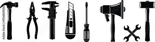 Professional hand tools icon set featuring hammer pliers caliper cutter screwdriver megaphone and wrenches for construction repair maintenance and industrial workshop equipment vector.