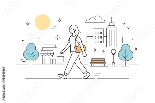 Urban walking as daily routine. Minimal morning city walk scene with buildings, trees, and soft sun shapes. Quiet start of the day with relaxed urban energy.