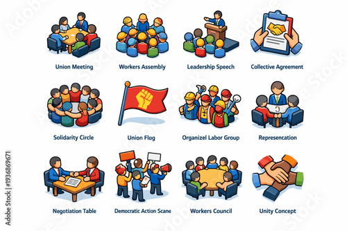 Union Action. Colorful isometric vector icons set of union action: union meeting, workers assembly, leadership speech, collective agreement icon, solidarity