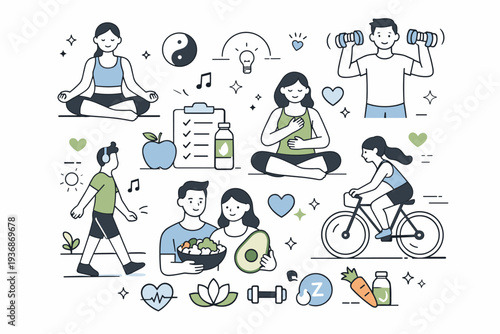 Health and wellness icons and scenes. Friendly and calm illustrations representing physical and mental wellbeing, balanced lifestyle, and self-care. Minimal