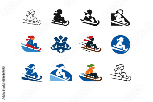 Winter activities with children. Icon set. Set Logo of Winter activities with children: sledding child. harmonious logo variations of the same emblematic