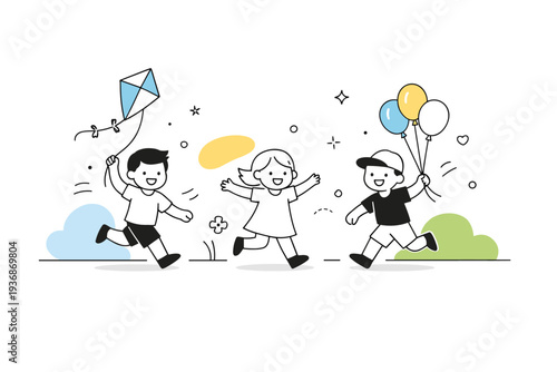 Playing in the park. Children running and laughing with kites and balloons, soft abstract shapes floating to emphasize joy and carefree energy. Minimalist flat