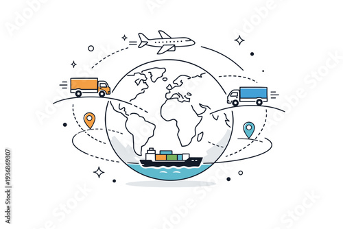 Worldwide logistics flow. Delivery trucks, ships, and planes represented as simple icons traveling along curved routes across a globe. The mood is organized,