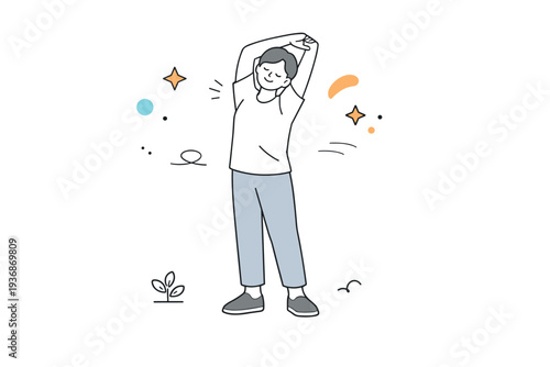 Stretching break. A person standing and gently stretching arms, subtle floating stars and abstract shapes around, friendly and calm micro-moment to relieve