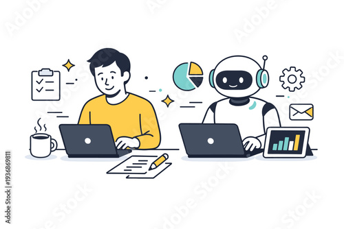 Future of work collaboration. A human and a machine side by side, calmly completing tasks represented by simple icons. The scene suggests harmony, shared