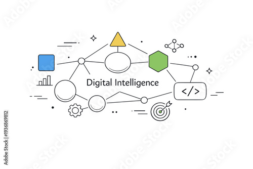 Digital intelligence. Floating geometric shapes connected by thin lines, forming a balanced abstract network. Calm scene representing algorithms, logic, and