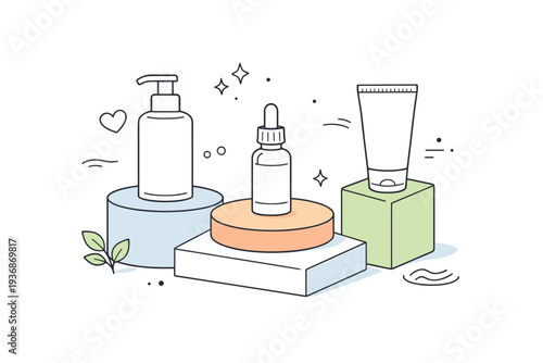Cosmetics backgrounds. Abstract skincare scene with simple bottles placed on soft geometric platforms. Feeling of purity, balance, and premium beauty care.