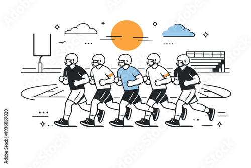 Football preseason conditioning. Conditioning runs around the field at sunset, athletes jogging together in formation, steady rhythm and shared determination