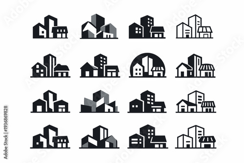 Mixed-use buildings. Icon set. Set Logo of Mixed-use buildings: urban block with mixed functions. harmonious logo variations of the same emblematic concept,