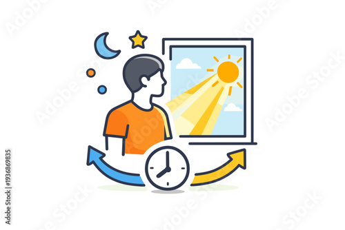 Circadian rhythm light exposure influence showing alignment with daylight, represented by a person near a window with soft sun rays guiding natural timing.
