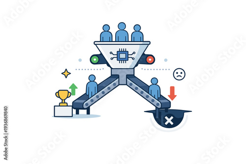 Algorithmic bias visualized as a sorting machine directing identical figures into different paths, reflecting unequal outcomes driven by automated systems.
