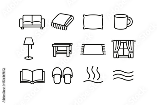 Home Comfort. Line icon set of Home Comfort: sofa, throw blanket, pillow, coffee mug, floor lamp, side table, rug, window curtain, book, slippers, warm steam,