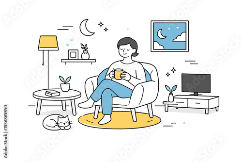 Calm evening at home. A relaxed interior scene with a person sitting comfortably, soft furnishings and open space around. The illustration conveys safety,