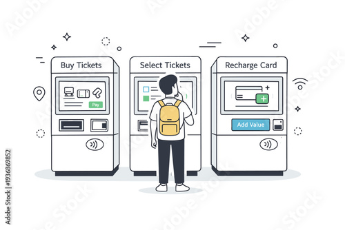Ticket machines interfaces. Person standing in front of multiple ticket kiosks, choosing one while softly lit interfaces glow. Urban technology moment with