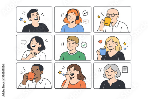 Virtual meeting spontaneous reactions. People on a video conference grid laugh, nod, or sip coffee, capturing unplanned moments between agenda points. The