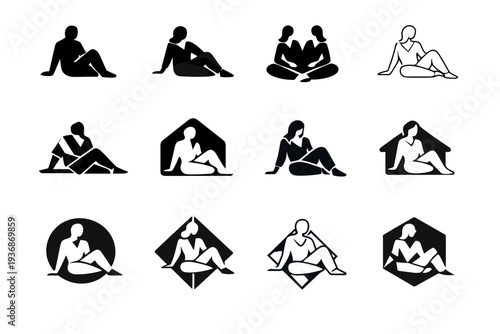 A person lounging at home in a chic loungewear set. Icon set. Set Logo of A person lounging at home in a chic loungewear set: crossed-leg lounging pose figure.