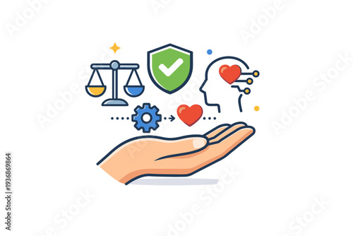 Ethical technology design shown as a human hand gently guiding abstract tech symbols, conveying trust, fairness, and conscious decision making in digital