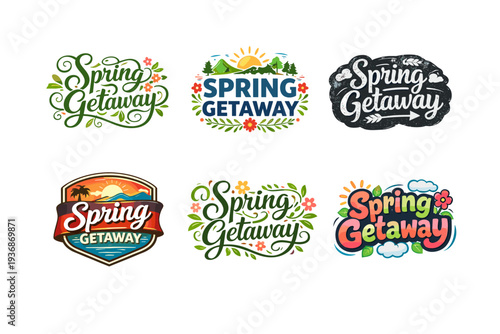 Spring Getaway. Set lettering. harmonious lettering variations of the same emblematic concept, each with different artistic interpretation (Whimsical curly