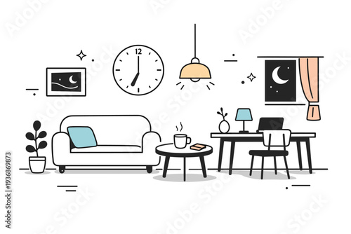 End of day quietness. Interior with dim light, long shadows and subtle stillness, no activity in progress. Visual silence and end-of-day atmosphere. Minimalist