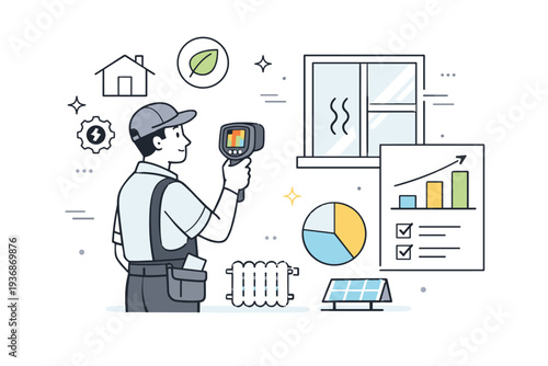Energy audit at home. A technician checking windows and insulation with a thermal scanner, subtle chart and home icons floating, analytical and sustainable