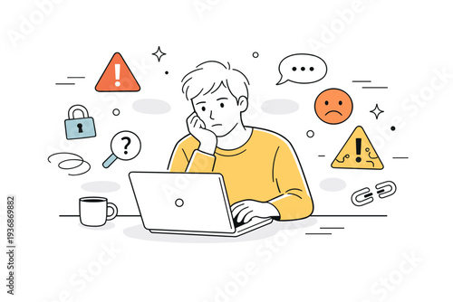 AI anxiety and uncertainty. A calm editorial scene of a person sitting with a laptop, thoughtful and slightly tense, abstract warning symbols and soft shapes