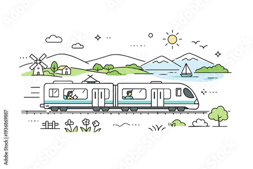 Slow travel by regional trains. A calm scene of a regional train moving through countryside landscapes, expressing relaxed travel and mindful pace. Wide