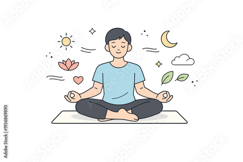 Meditation and yoga combo. A person sits cross-legged on a mat with eyes closed, gentle decorative elements floating around to show relaxation, focus, and