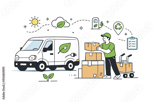 Eco-friendly delivery van. A small electric delivery van parked on a street with a courier handling packages, abstract floating decorative icons and lines