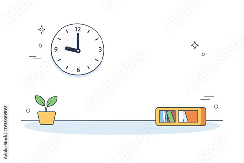 Transitions without events. Clock on the wall with small hand slightly moved, empty room in view. Indirect storytelling of time passing quietly, without action