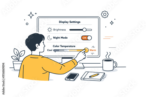 Blue light filter enabled. A calm scene of a person adjusting screen settings, with the display shifting to warmer tones. Sense of control and gentle