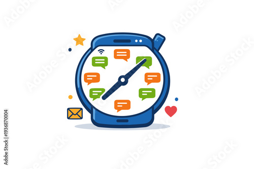 Always online culture visualized by a clock merged with a mobile device displaying message bubbles instead of numbers. The scene conveys blurred boundaries