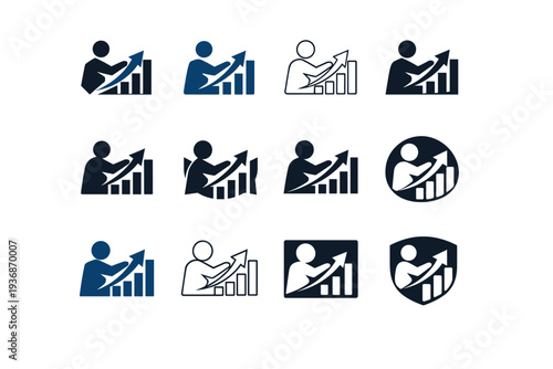 A person drafting a business proposal or pitch for an investor. Icon set. Set Logo of A person drafting a business proposal or pitch for an investor: hand