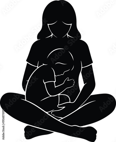 Vector mother sitting cross legged holding child in hug silhouette design