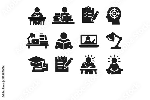 Study and Learning. Solid icon set of Study and Learning: student at desk, studying books, exam preparation, learning focus, homework desk, reading study,