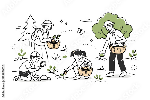 Forest exploration scene. Kids and adults collecting natural items in baskets, soft sunlight filtering through trees, serene and cheerful atmosphere. Clean