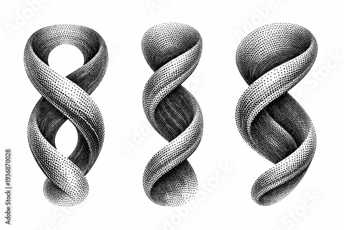 Abstract swirling dot ribbon object shown in three views including front view, side view, and three-quarter view focusing on twisting form and