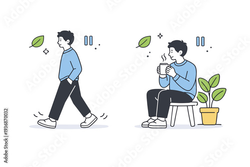 Cooling down after tension. A team member taking a walk or sipping tea alone near a plant, subtle leaf and pause icons floating, calm and reflective