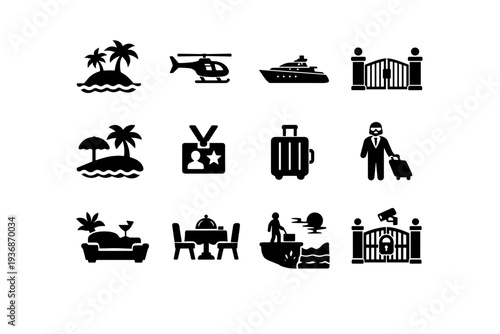 Exclusive getaway. Solid icon set of Exclusive getaway: private island, helicopter transfer, luxury yacht, gated entrance, secluded beach, VIP pass, premium