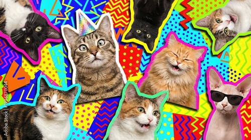 Multiple cats on a colorful abstract background. Fun playful pets collage poster design. For kids party invitation card, social media, web banner.