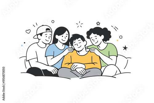 Safe space relationships. A person feeling relaxed and accepted among close friends, symbolizing safety and authenticity. Gentle editorial moment with soft