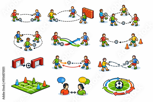 Passing Drills. Colorful isometric vector icons set of Passing Drills: short pass drill, long pass drill, wall pass, triangle passing, rondo circle,