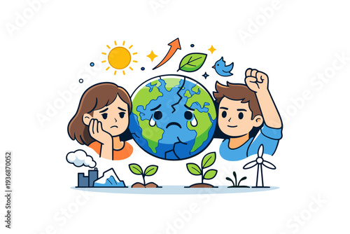 Climate anxiety among younger generations expressed through concern mixed with motivation for change. A modern visual metaphor balancing fragile planet imagery
