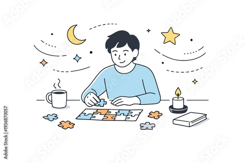 Evening wind-down without screens. A person enjoys a quiet activity like puzzle solving or candlelit journaling at home, abstract floating stars and lines